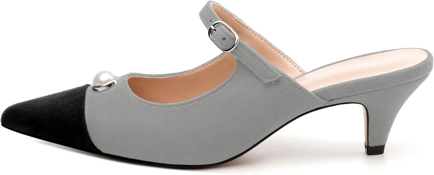 Women's Sandals, Pointed Toe Low Kitten Heels, Two Toned Patchwork Fashion Backstrap Buckle Slide Sandal for Working Wedding Party