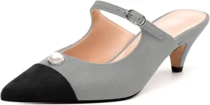 Women's Sandals, Pointed Toe Low Kitten Heels, Two Toned Patchwork Fashion Backstrap Buckle Slide Sandal for Working Wedding Party