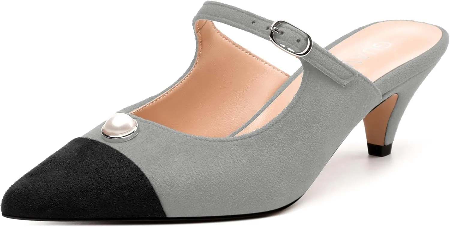 Women's Sandals, Pointed Toe Low Kitten Heels, Two Toned Patchwork Fashion Backstrap Buckle Slide Sandal for Working Wedding Party