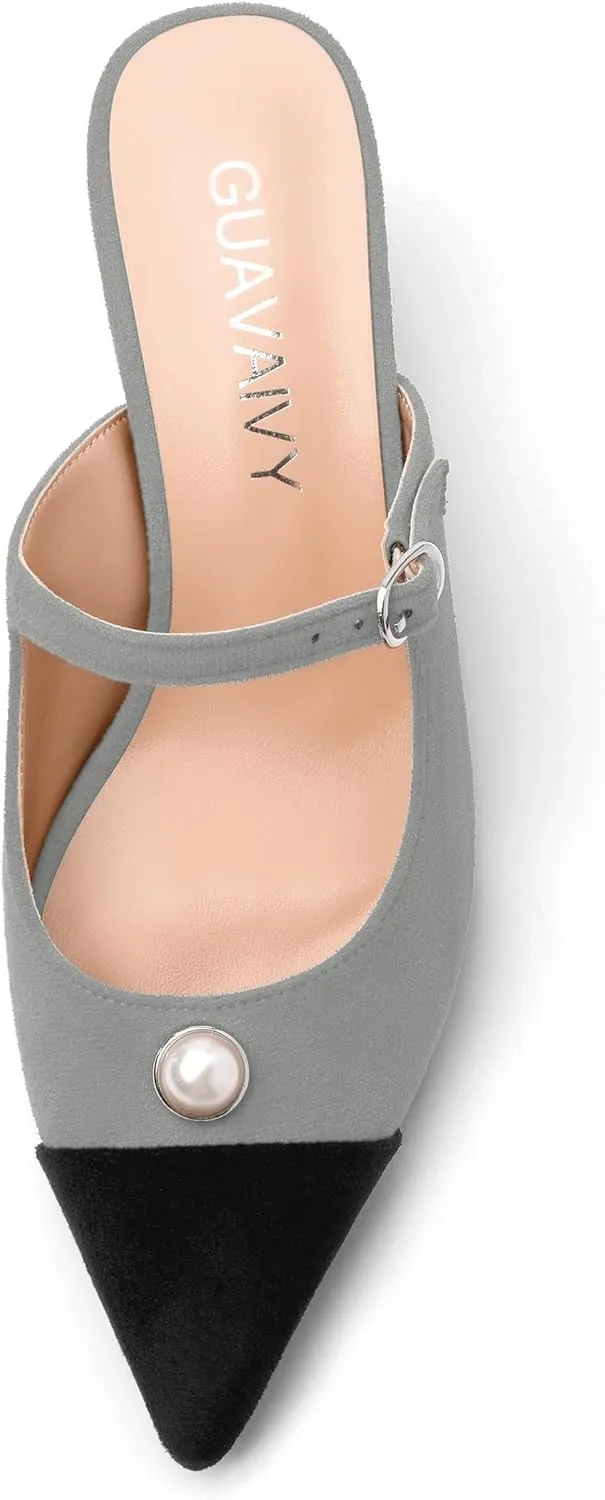 Women's Sandals, Pointed Toe Low Kitten Heels, Two Toned Patchwork Fashion Backstrap Buckle Slide Sandal for Working Wedding Party