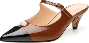 Women's Slide Sandals, Backstrap Buckle Low Kitten Heels, Two Toned Patchwork Pointed Toe, Fashion Party Daily Dress Shoes for Women