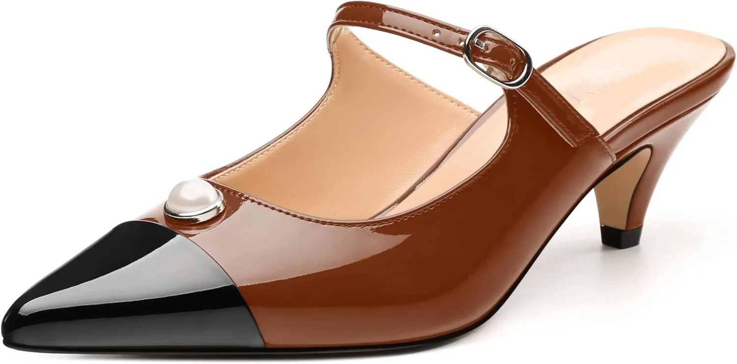 Women's Slide Sandals, Backstrap Buckle Low Kitten Heels, Two Toned Patchwork Pointed Toe, Fashion Party Daily Dress Shoes for Women