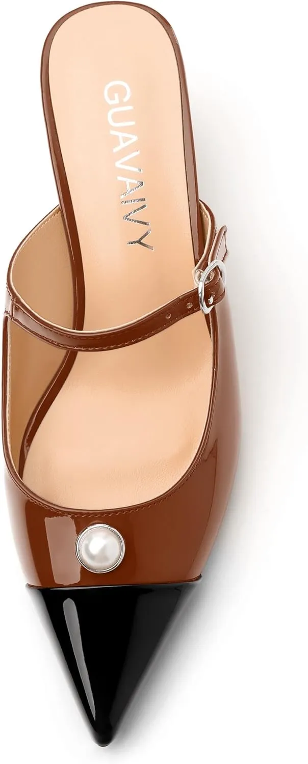 Women's Slide Sandals, Backstrap Buckle Low Kitten Heels, Two Toned Patchwork Pointed Toe, Fashion Party Daily Dress Shoes for Women