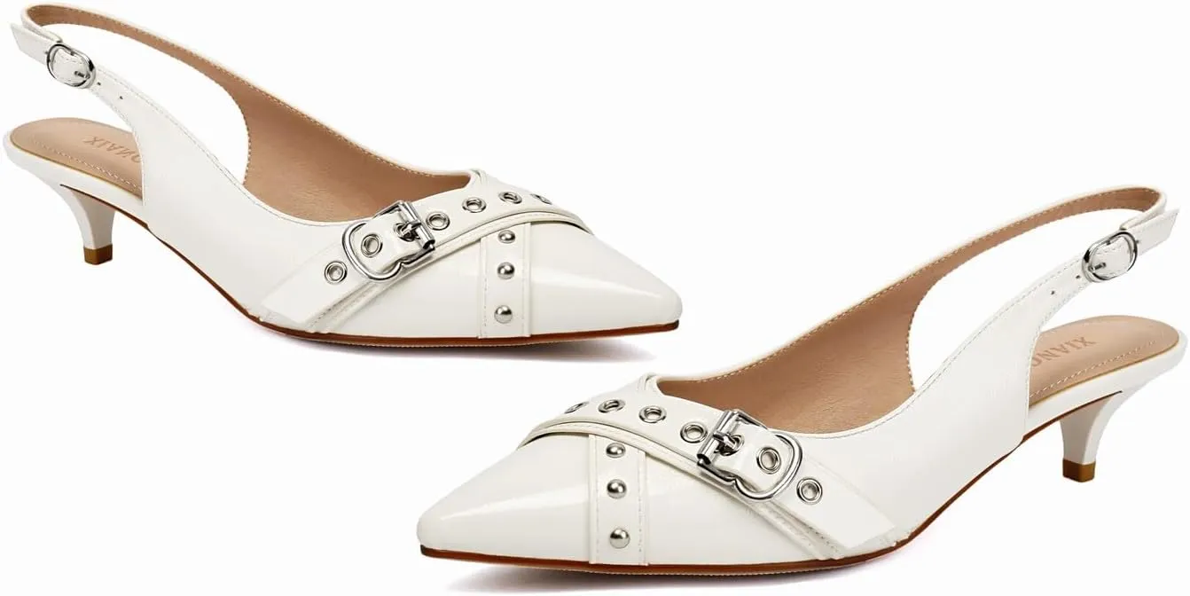 Women's Slingback Heels Pointed Toe Studded Low Kitten Heel Pumps Dress Shoes