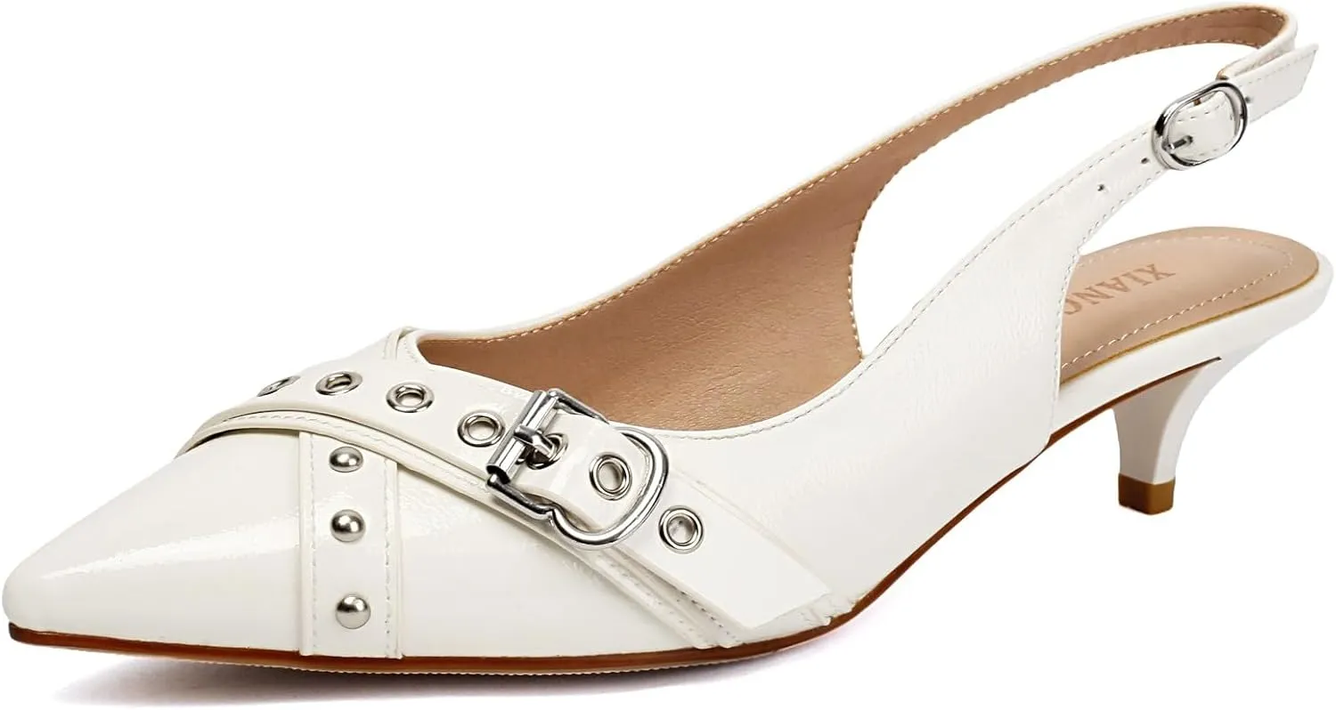 Women's Slingback Heels Pointed Toe Studded Low Kitten Heel Pumps Dress Shoes