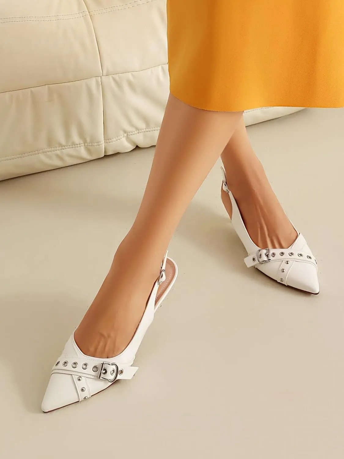 Women's Slingback Heels Pointed Toe Studded Low Kitten Heel Pumps Dress Shoes