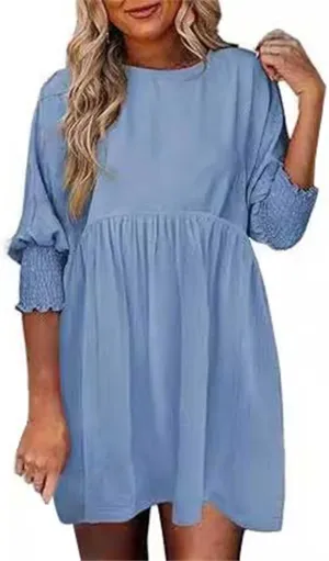 Womens Smocked Crewneck Button Up Long Sleeve Empire Waist A-Line Mini Dress 2025 Casual Swing Dresses
