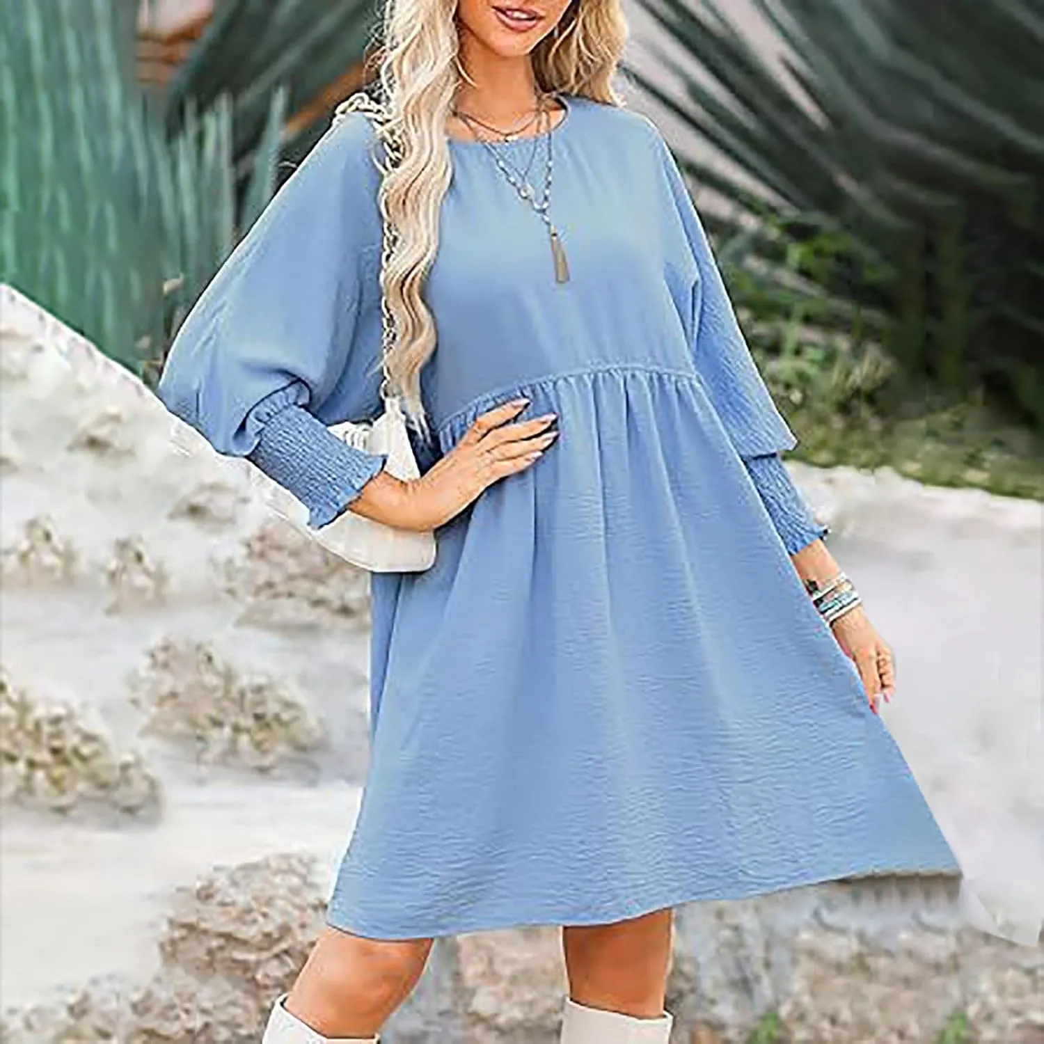 Womens Smocked Crewneck Button Up Long Sleeve Empire Waist A-Line Mini Dress 2025 Casual Swing Dresses
