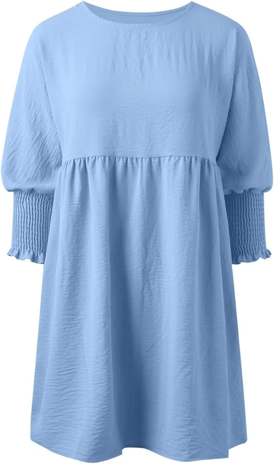 Womens Smocked Crewneck Button Up Long Sleeve Empire Waist A-Line Mini Dress 2025 Casual Swing Dresses