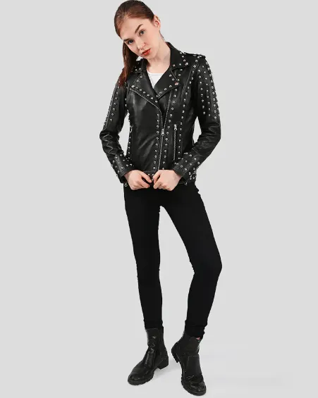 Women's Studded Leather Biker Jacket In Black