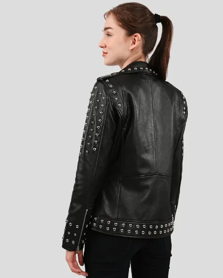 Women's Studded Leather Biker Jacket In Black