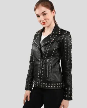 Women's Studded Leather Biker Jacket In Black
