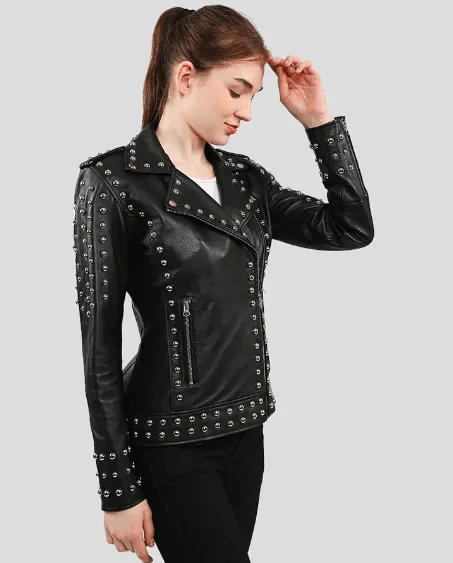 Women's Studded Leather Biker Jacket In Black