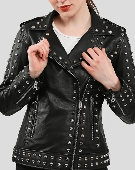 Women's Studded Leather Biker Jacket In Black