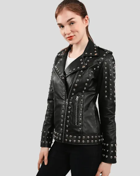Women's Studded Leather Biker Jacket In Black