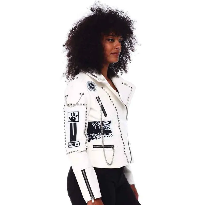 Women's Studded Leather Jacket In White