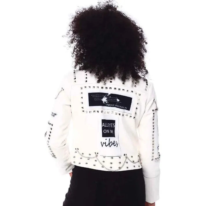 Women's Studded Leather Jacket In White