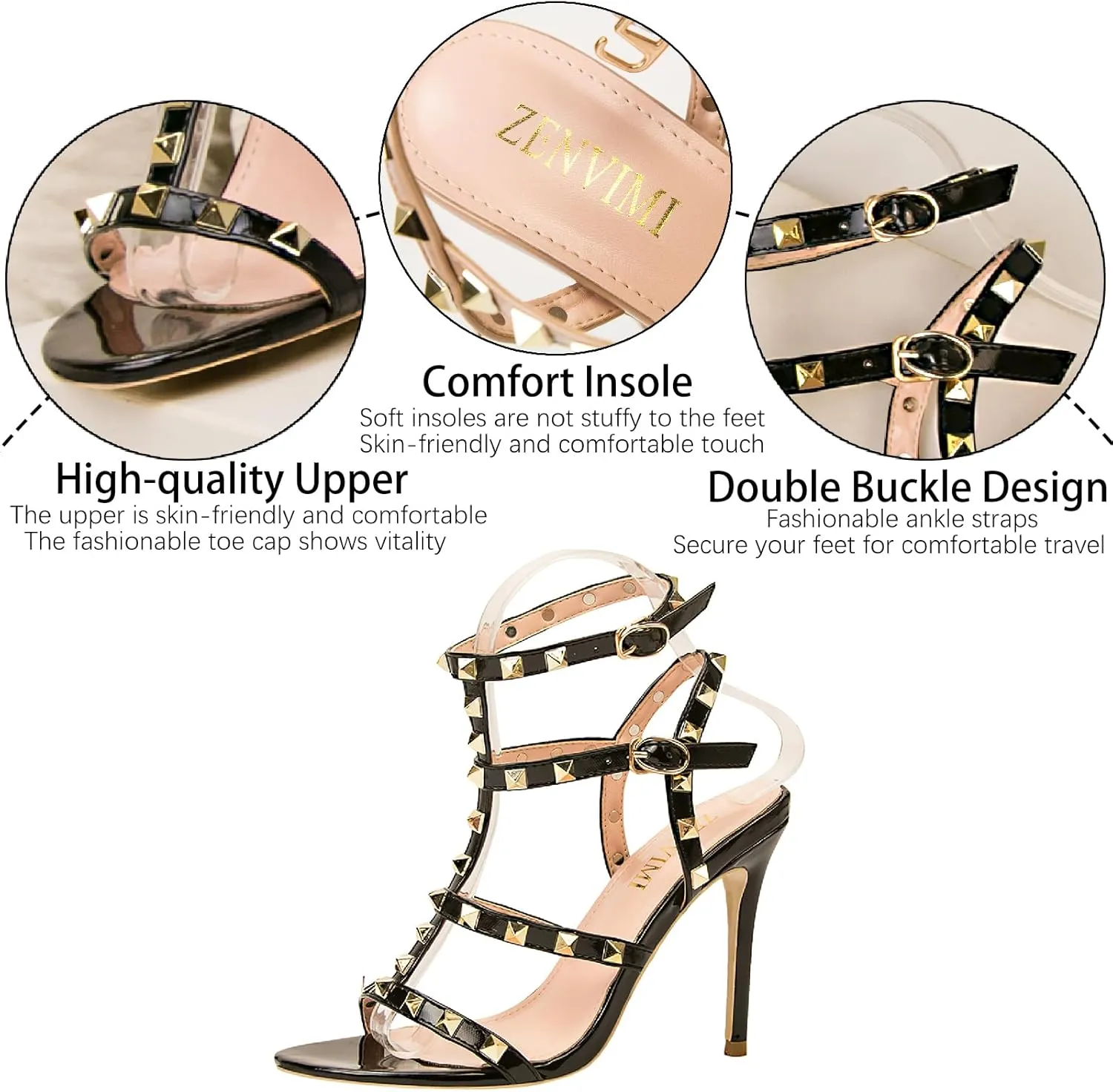 Women's Studded Strappy Leather Stiletto Heels Sandals with Adjustable Ankle Buckle Sexy Open Pointed Toe Fashion T-Strap Roman High Heel Pumps for Party Prom Dress Shoes