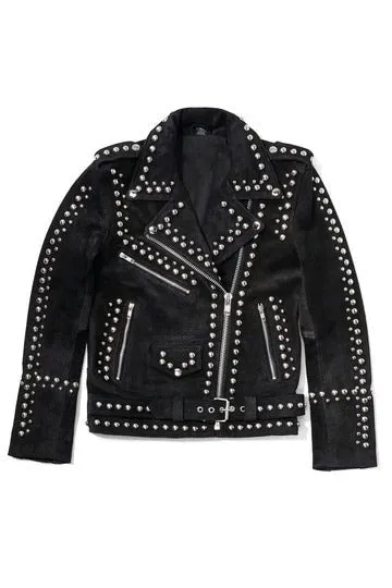 Women's Studded Suede Leather Jacket In Black With Belted Waist