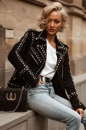 Women's Studded Suede Leather Jacket In Black With Belted Waist