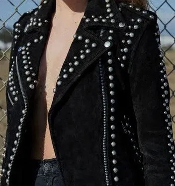 Women's Studded Suede Leather Jacket In Black With Belted Waist
