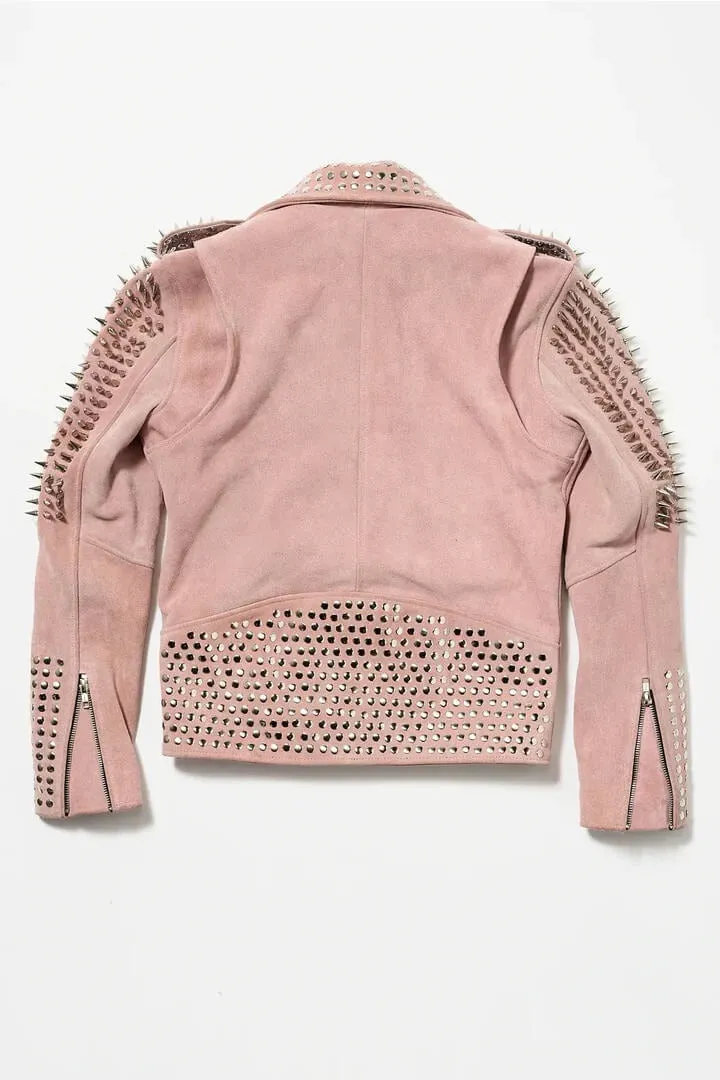 Women's Studded Suede Leather Jacket In Pink