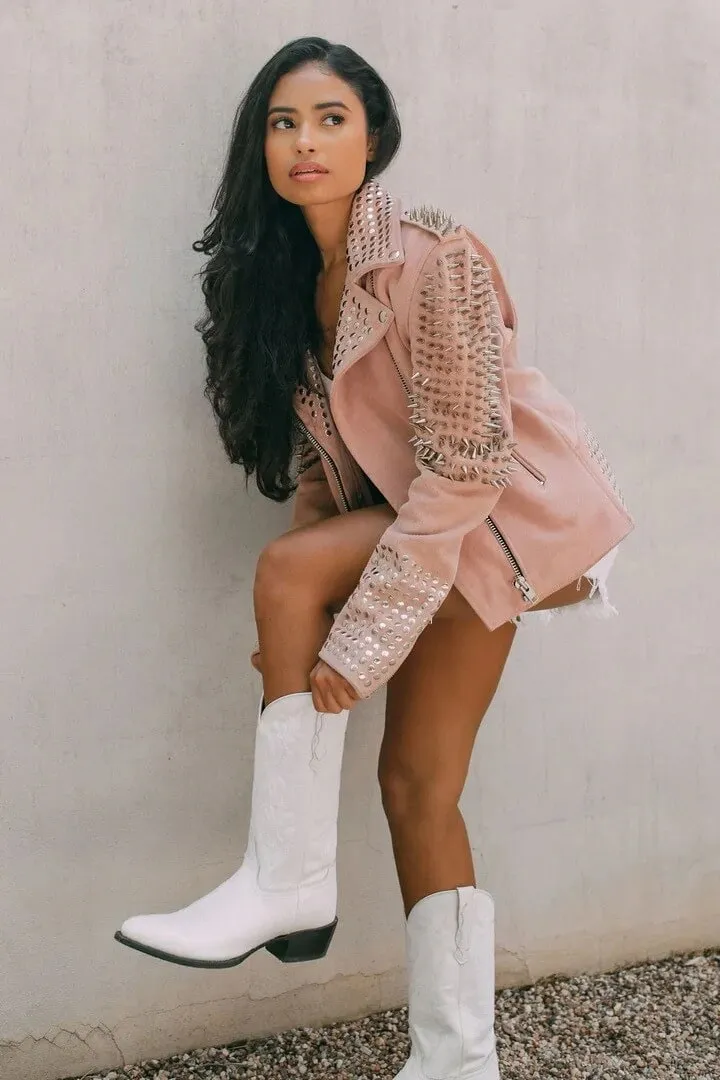 Women's Studded Suede Leather Jacket In Pink