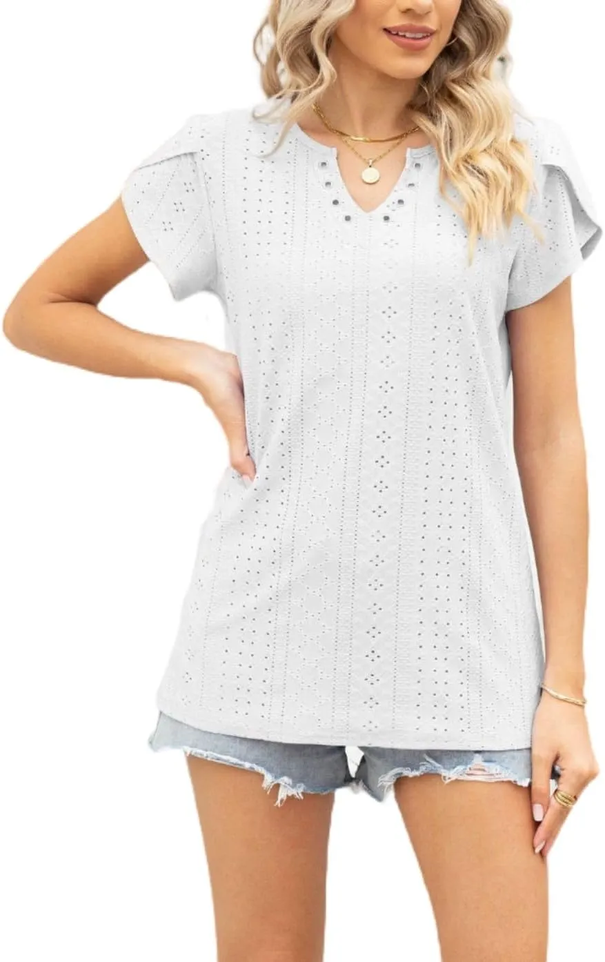 Women's Summer Tee Spring Fashion Short Sleeve Roll Up Loose Fit Shirts Casual T Shirts V Neck Tshirts Tunic Tops