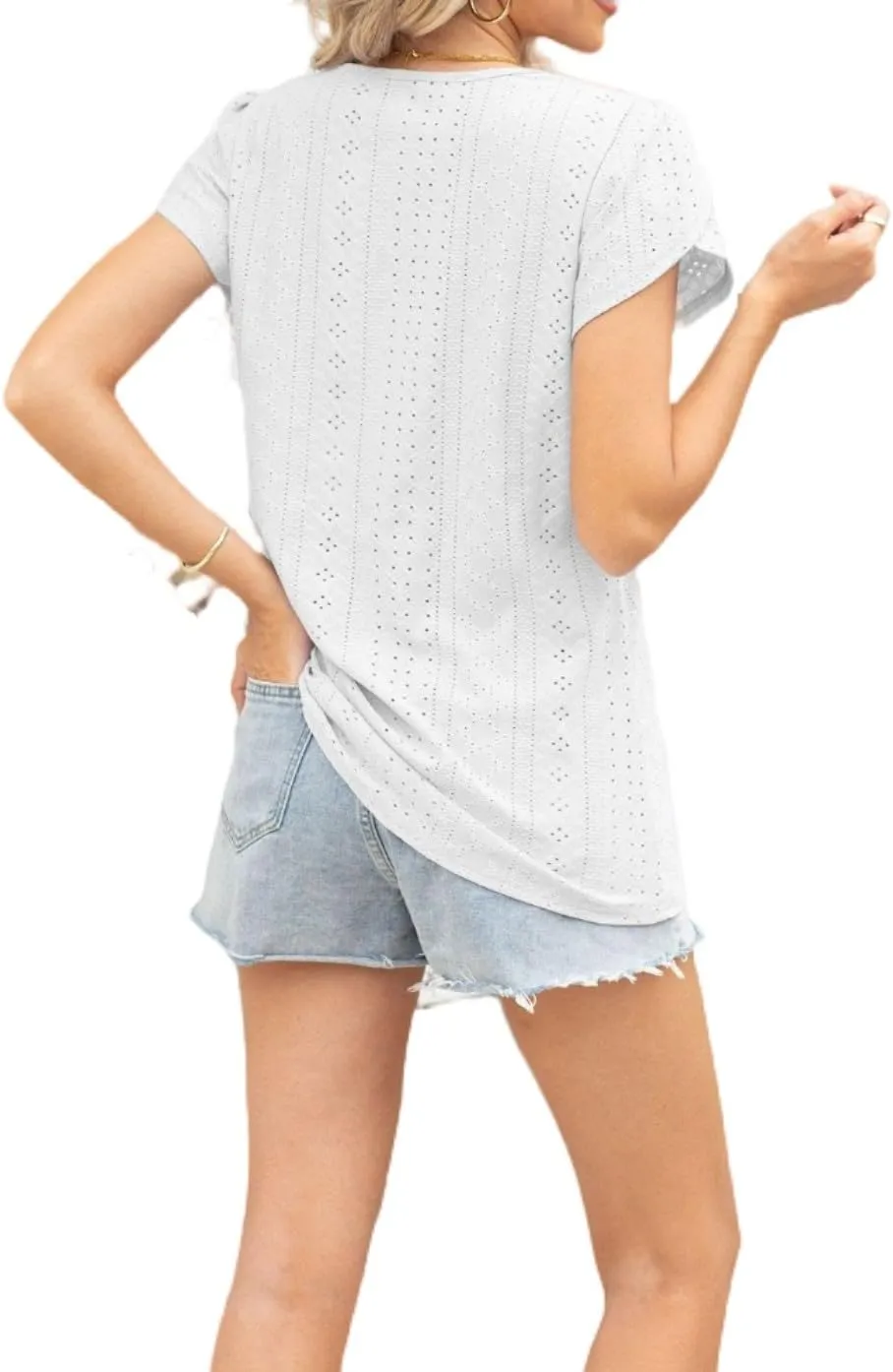 Women's Summer Tee Spring Fashion Short Sleeve Roll Up Loose Fit Shirts Casual T Shirts V Neck Tshirts Tunic Tops