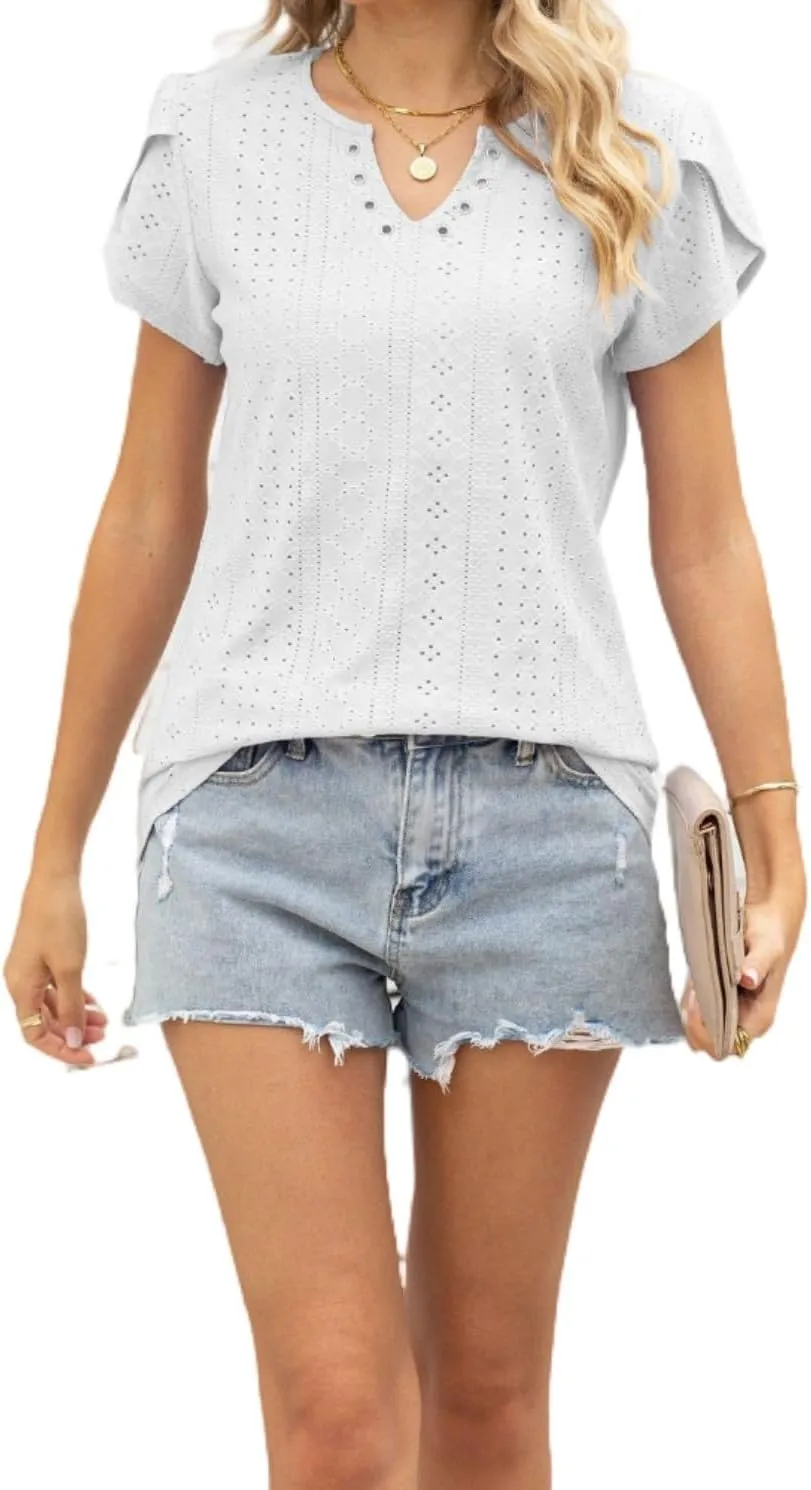 Women's Summer Tee Spring Fashion Short Sleeve Roll Up Loose Fit Shirts Casual T Shirts V Neck Tshirts Tunic Tops