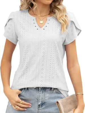 Women's Summer Tee Spring Fashion Short Sleeve Roll Up Loose Fit Shirts Casual T Shirts V Neck Tshirts Tunic Tops