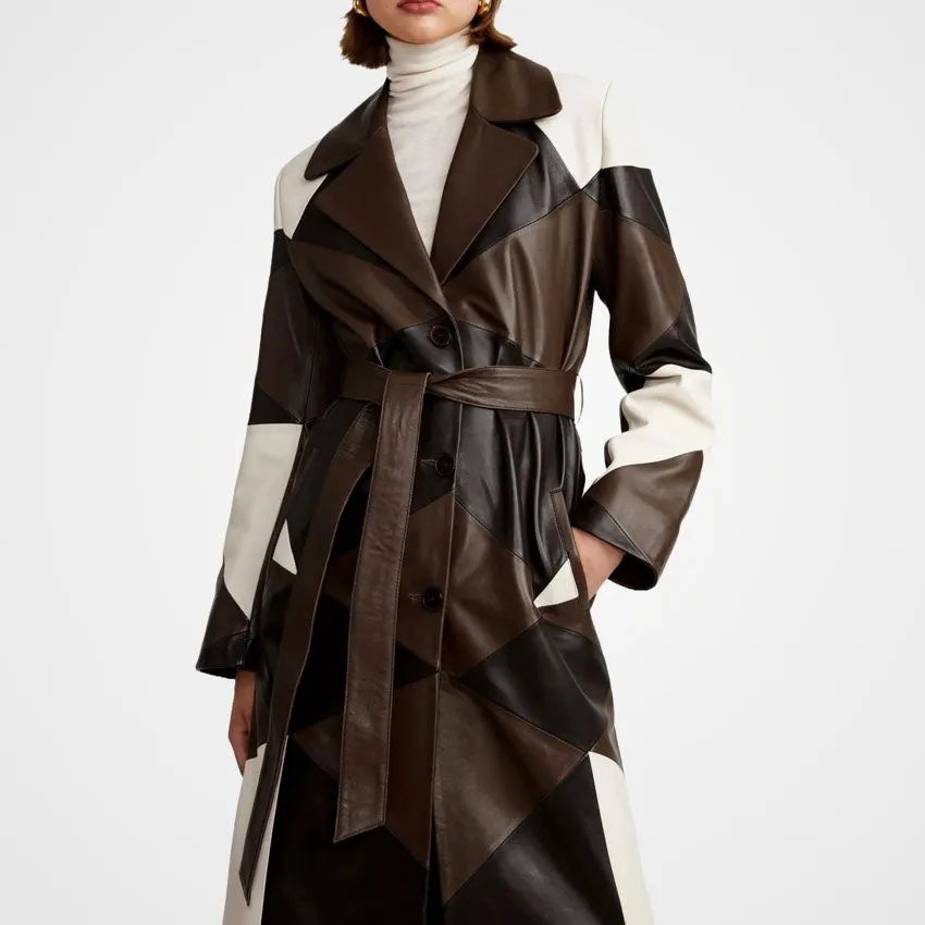 Women's Three-Tone Patchwork Leather Overcoat
