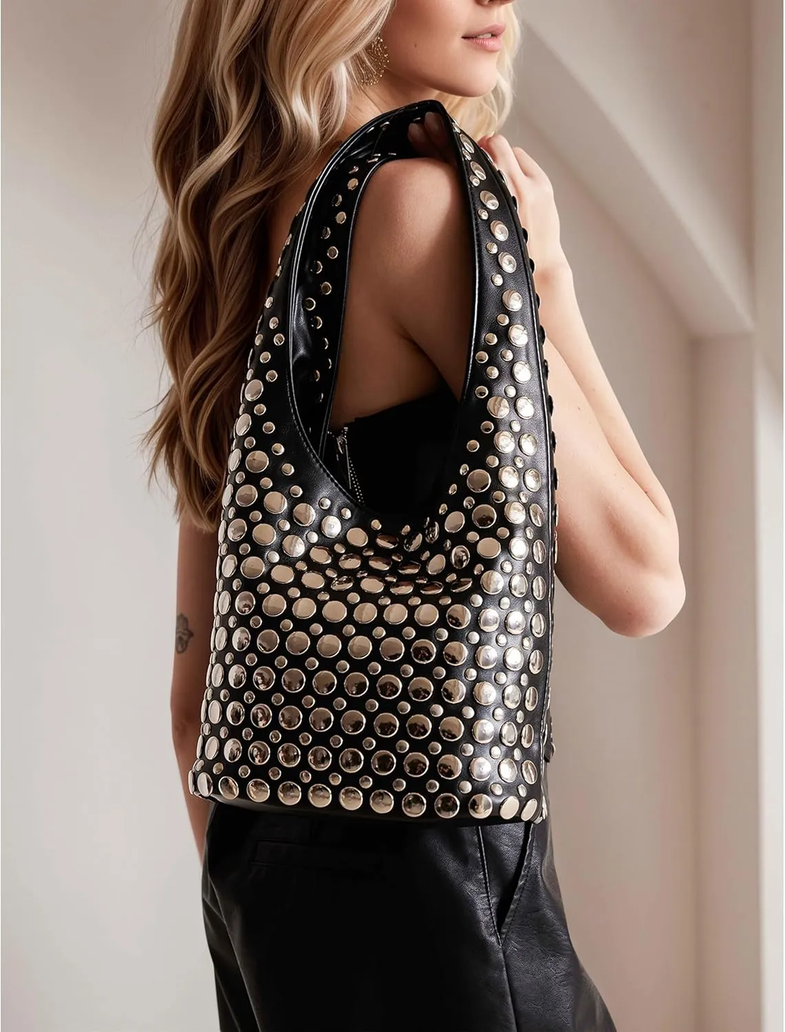 Women's Vegan Leather Studded Shoulder Bag, Y2K Purse, 90s Punk Hobo Bag, 2025 Fashion Purse