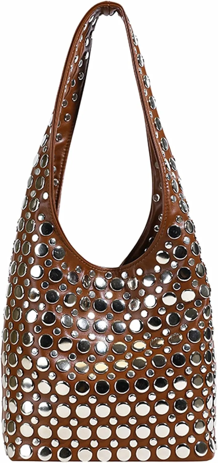 Women's Vegan Leather Studded Shoulder Bag, Y2K Purse, 90s Punk Hobo Bag, 2025 Fashion Purse