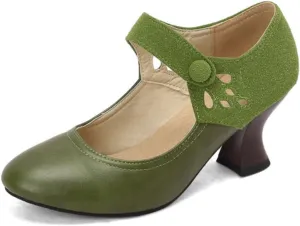 Women's Vintage Kitten High Heels Mary Jane Shoes Round Closed Toe Ankle Strap Cutout Oxfords Brogues Classic Patchwork Office Work Wedding Dress Pumps