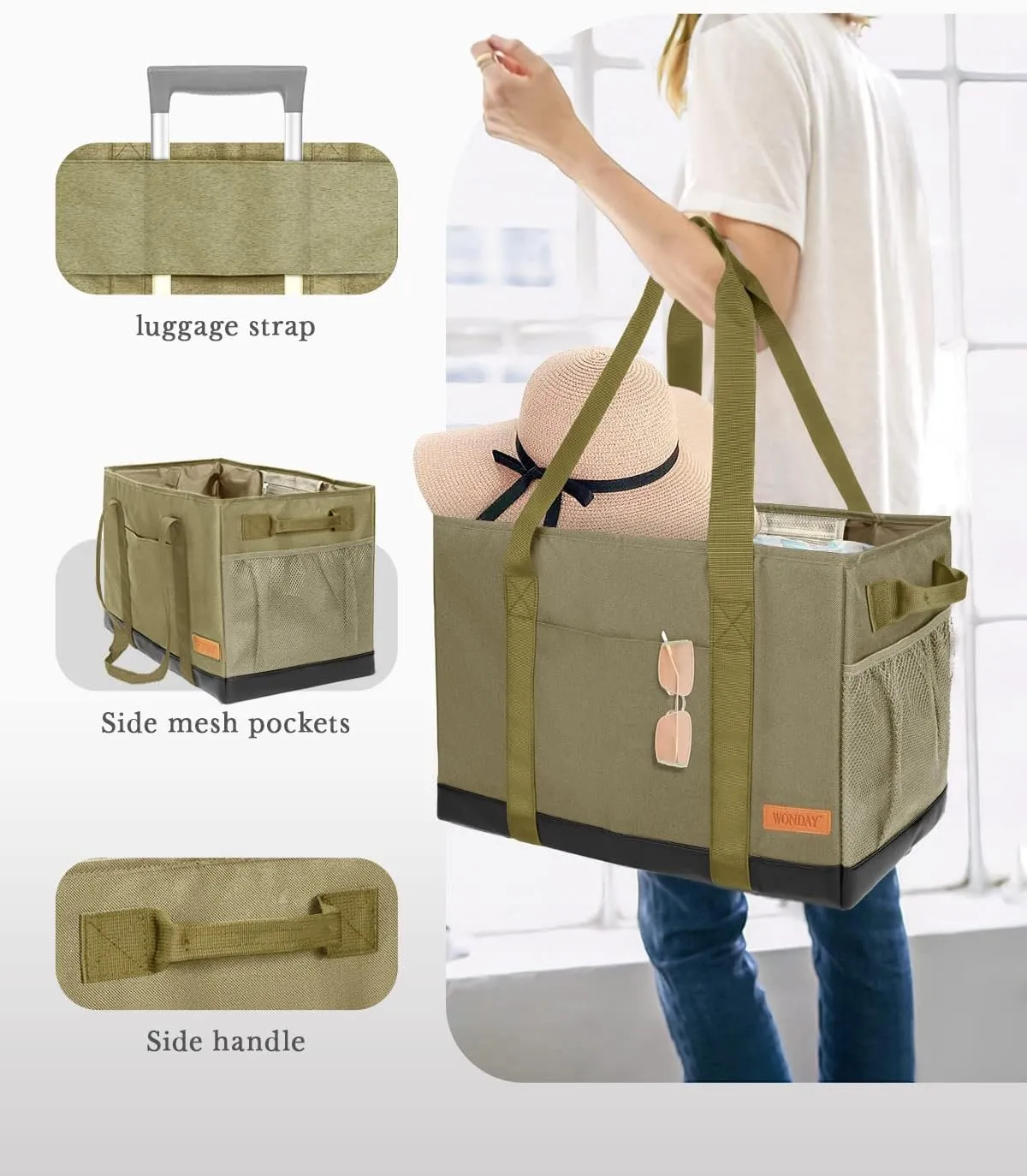 WONDAY Standing Extra Large Reusable Grocery Bag Carrier with Handle, Thirty One Utility Tote Foldable for Shopping and Beach