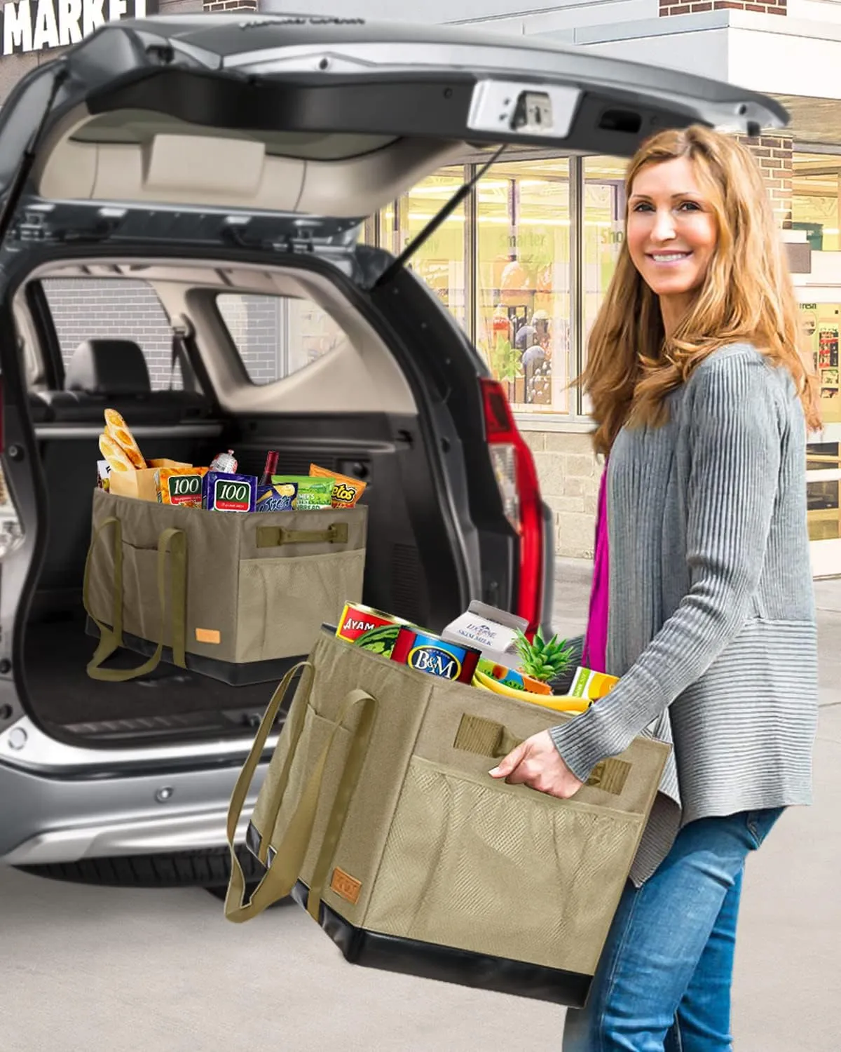 WONDAY Standing Extra Large Reusable Grocery Bag Carrier with Handle, Thirty One Utility Tote Foldable for Shopping and Beach