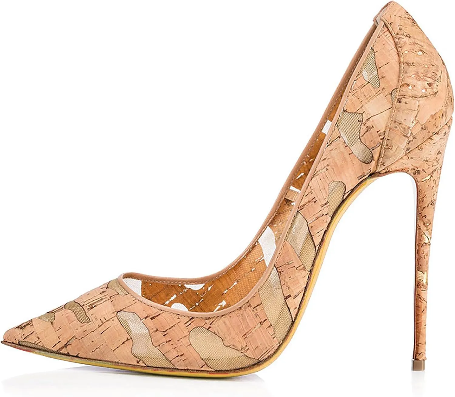 Wood Color Pointed Toe Pumps for Womens, Sexy Stiletto Party Pumps Shoes, Leather Mesh Patchwork Breathable Slip-on Dressy Work Wedding High Heels