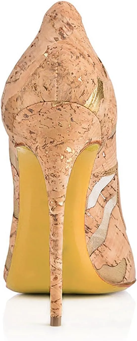 Wood Color Pointed Toe Pumps for Womens, Sexy Stiletto Party Pumps Shoes, Leather Mesh Patchwork Breathable Slip-on Dressy Work Wedding High Heels