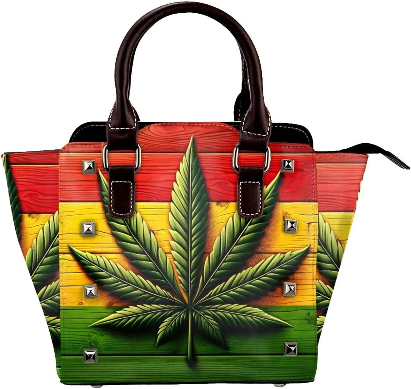 Wood-Rasta-Flag-Marijuana-Leaf Pu Leather Crossbody Studded Bag, Fashionable Shoulder Handbag With Detachable Shoulder Strap