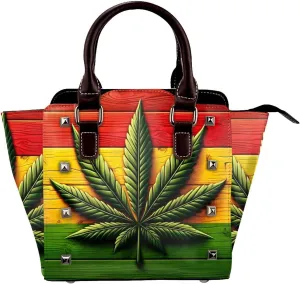 Wood-Rasta-Flag-Marijuana-Leaf Pu Leather Crossbody Studded Bag, Fashionable Shoulder Handbag With Detachable Shoulder Strap