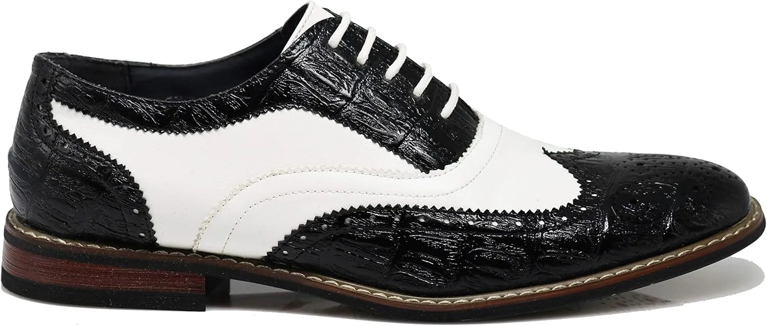 Wooden08N Men's Two Tone Wingtips Oxfords Perforated Lace Up Dress Shoes