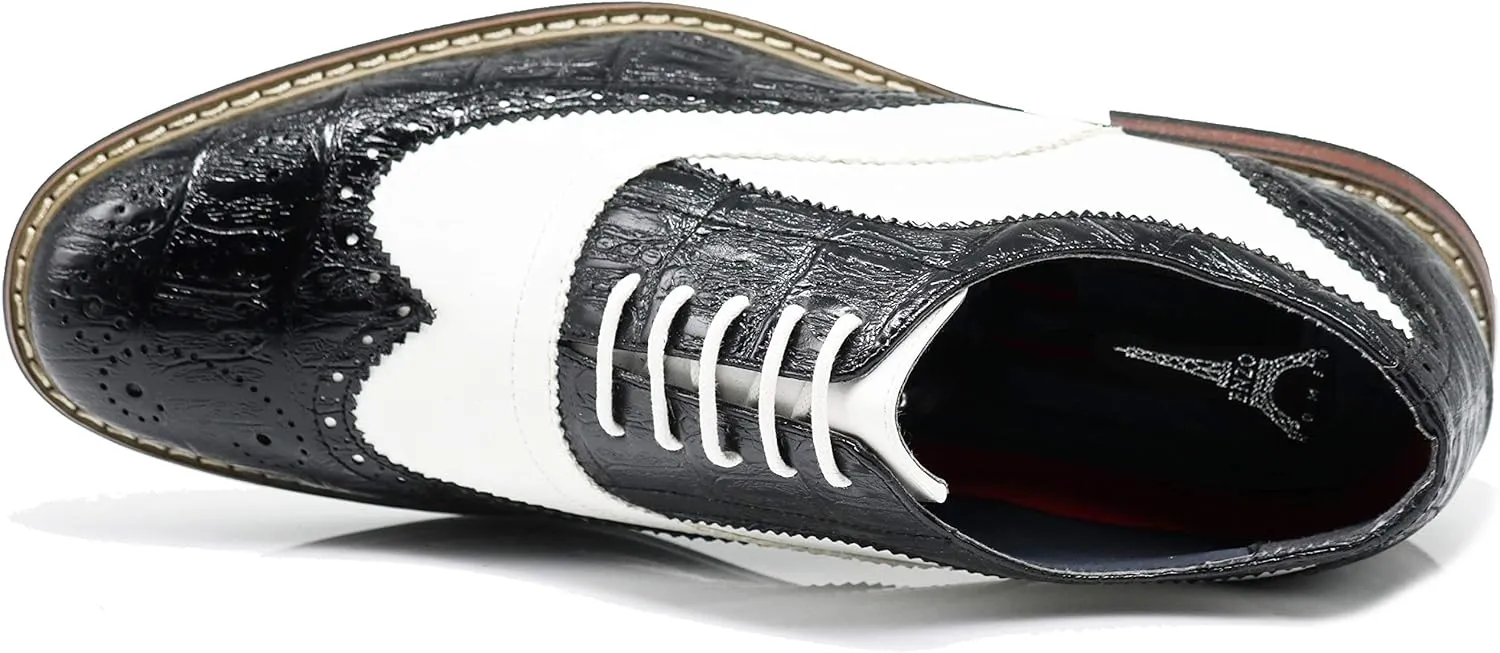 Wooden08N Men's Two Tone Wingtips Oxfords Perforated Lace Up Dress Shoes