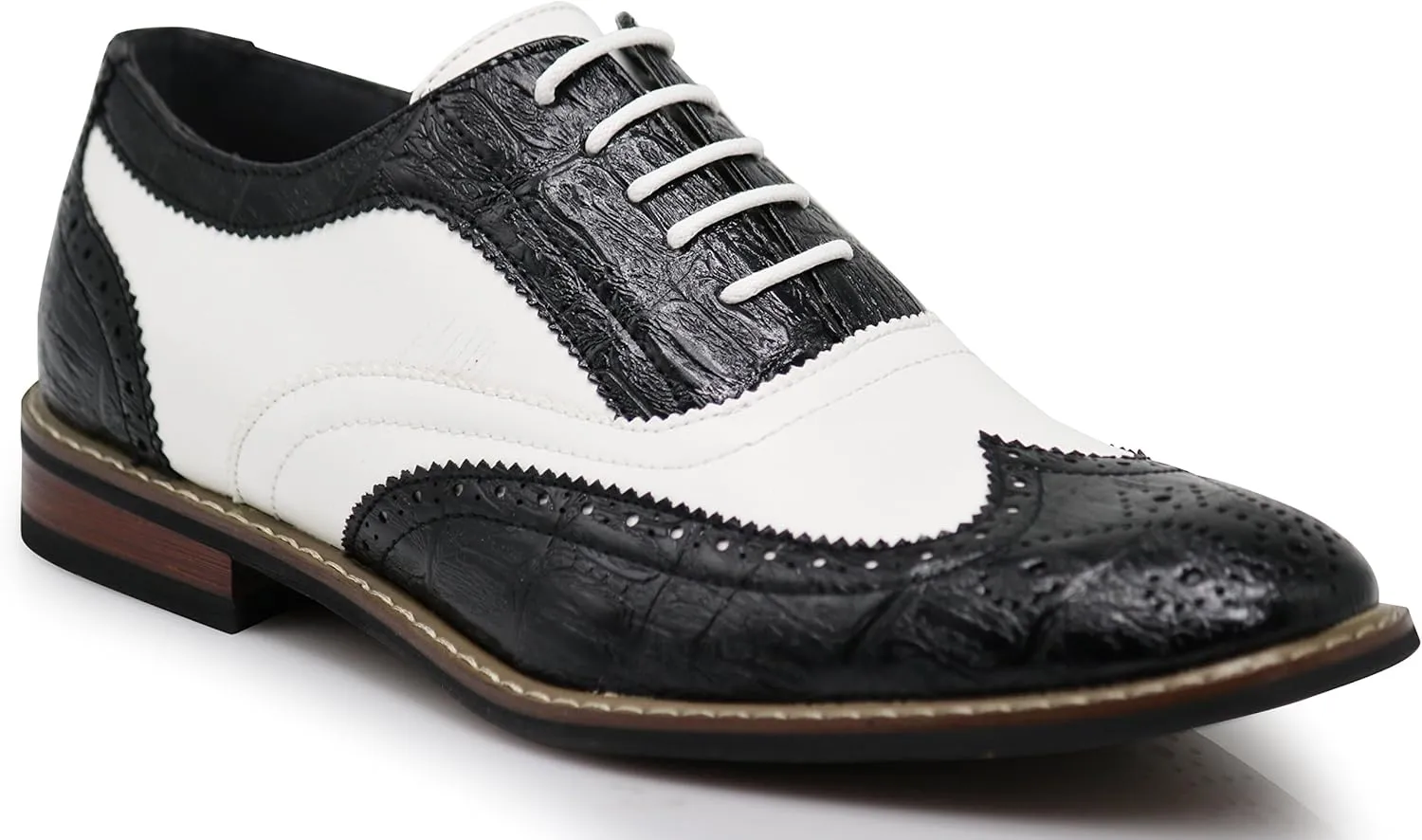 Wooden08N Men's Two Tone Wingtips Oxfords Perforated Lace Up Dress Shoes