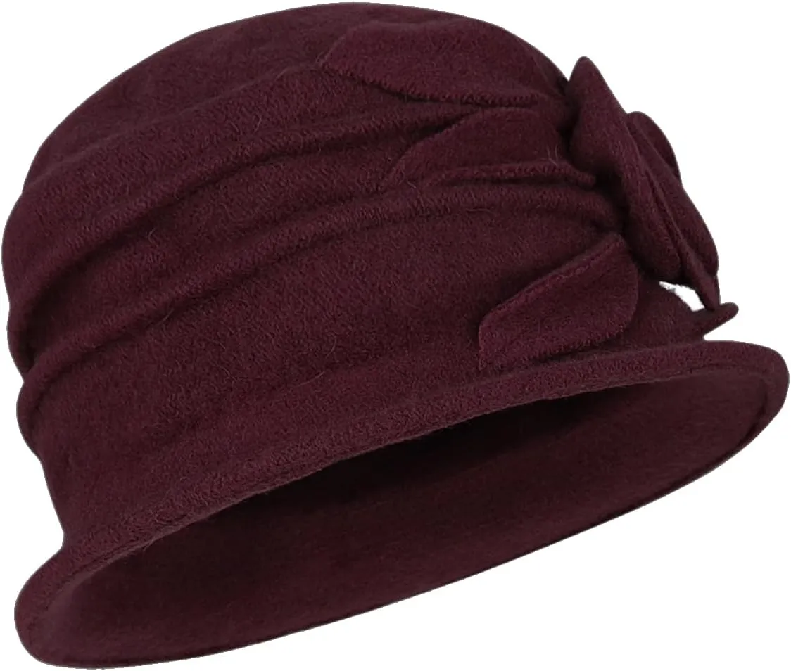 Wool Cloche Bucket Hat for Women 1920s Floral Bowler Cap Elegant Church Dress Cap Winter Warm Fedora Hat