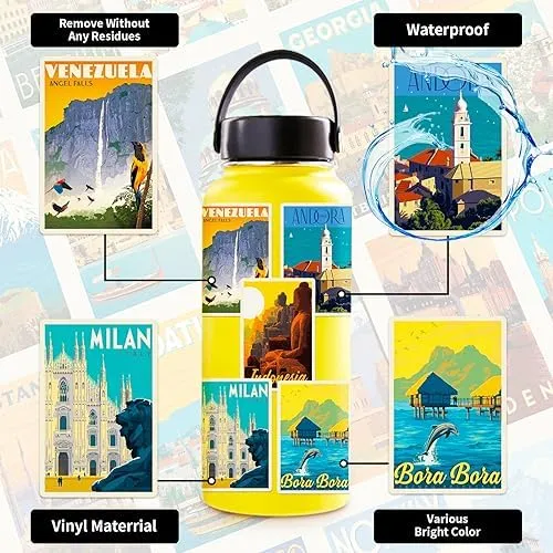 World-Famous Landmarks Travel Stickers 100PCS Waterproof Sticker Set(4Sheets/25Pcs) Water Bottle Stickers for Laptop Bikes Scrapbook Journal Teens Adults Girls and Boys Kids Luggage Stickers Pack
