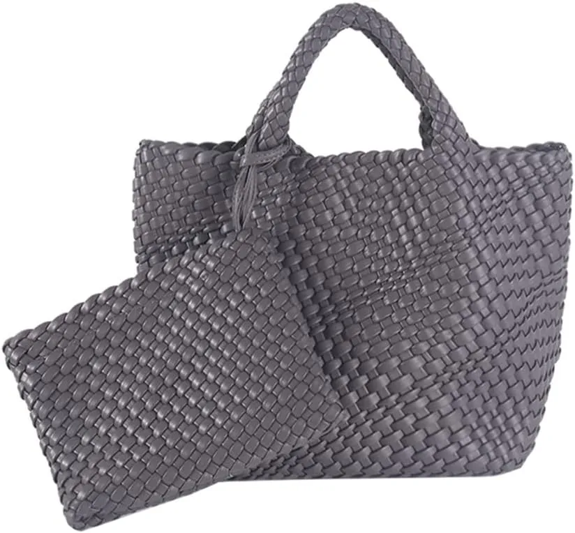 Woven Tote Bag, Women Macaron Soft Leather Weave Handbag Purse Wrist Bag Large Capacity Work Shopping Travel Daily