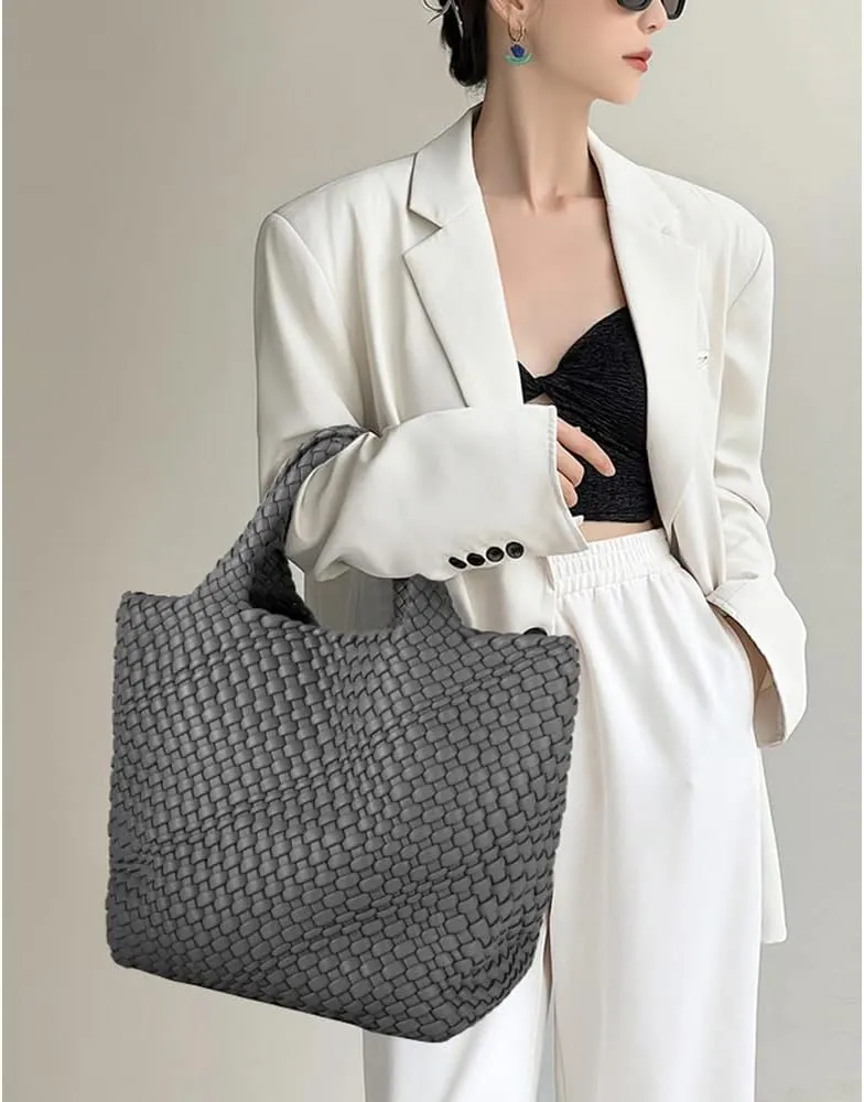 Woven Tote Bag, Women Macaron Soft Leather Weave Handbag Purse Wrist Bag Large Capacity Work Shopping Travel Daily
