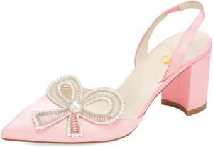 XYD Women Braided Bow Pointed Toe Pumps Mid Chunky Heel Slingback Sandals Pearls Studded Evening Wedding Shoes