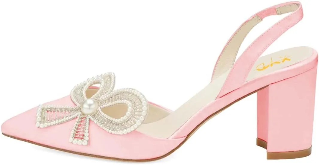 XYD Women Braided Bow Pointed Toe Pumps Mid Chunky Heel Slingback Sandals Pearls Studded Evening Wedding Shoes